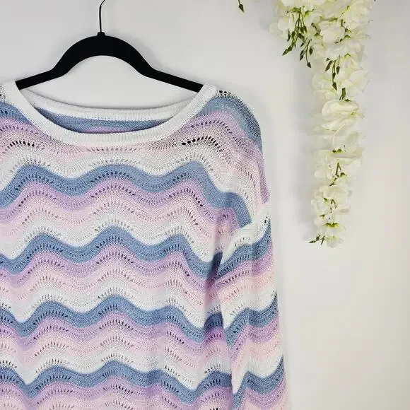 Pastel Wave Open Knit Sweater Large Cottage Y2K Soft Girl Lightweight Coquette - Picture 6 of 12
